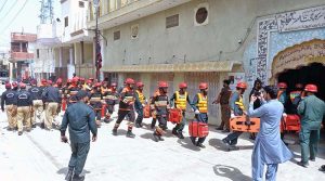 Rescue 1122 personnel conduct a mock exercise at Central Imam Bargah to prepare for emergency response situations