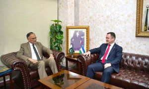 Federal Minister for Planning, Development & Special Initiatives, Ahsan Iqbal, in a meeting with Ambassador of the Republic of Uzbekistan to Pakistan, H.E. Alisher Tukhtaev.