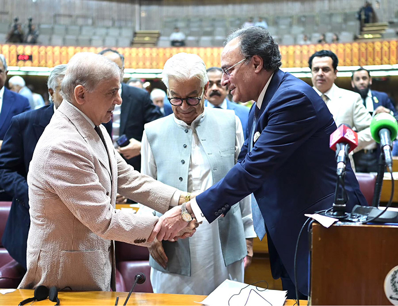 Prime Minister Muhammad Shehbaz Sharif meets with the Parliamentarians during the budget session of the National Assembly