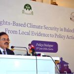 Governor Balochistan Jaffar Khan Mandokhail addresses a policy dialogue on rights-based climate security in Balochistan, focusing on translating local evidence into effective policy action