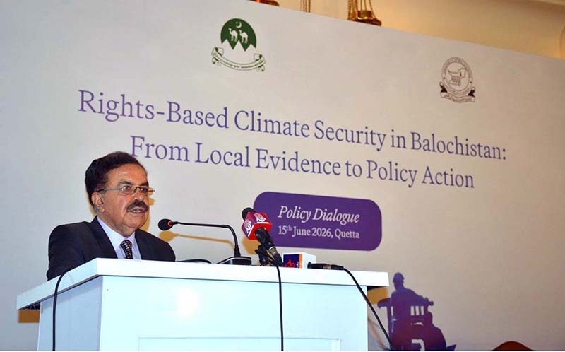 Governor Balochistan Jaffar Khan Mandokhail addresses a policy dialogue on rights-based climate security in Balochistan, focusing on translating local evidence into effective policy action
