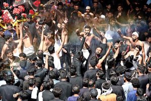 A large number of mourners attending a procession on 10th of the Holy Month of Muharram-ul-Harram. Muharram-ul-Harram is the first month of the Islamic calendar known as the mourning month in remembrance of the martyrdom (Shahadat) of Hazrat Imam Hussain (RA), the grandson of the Holy Prophet Muhammad (PBUH)