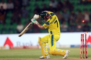 Australian batsman Oliver Peake bowled by Haris Rauf during the second One-Day International (ODI) cricket match between Pakistan and Australia at Gaddafi Stadium.