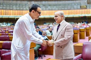 Prime Minister Muhammad Shehbaz Sharif meets with the Parliamentarians during the budget session of the National Assembly