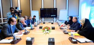 Federal Minister for National Food Security & Research, Rana Tanveer Hussain, in a meeting with Iranian Minister of Agriculture Jihad, Gholamreza Nouri Ghezeljeh, to enhance bilateral cooperation in agriculture, livestock, and trade between Pakistan and Iran. APP/FHA