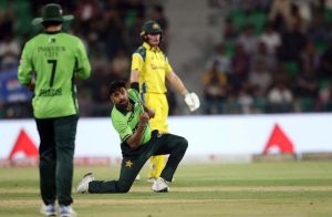 Australian batsman Oliver Peake bowled by Haris Rauf during the second One-Day International (ODI) cricket match between Pakistan and Australia at Gaddafi Stadium.
