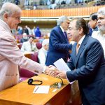 Prime Minister Muhammad Shehbaz Sharif meets with the Parliamentarians during the budget session of the National Assembly