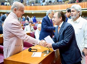Prime Minister Muhammad Shehbaz Sharif meets with the Parliamentarians during the budget session of the National Assembly