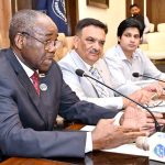 H.E. Titus M. J. Abu-Basutu, Ambassador of the Republic of Zimbabwe to Pakistan, addresses a meeting of exporters at the Sialkot Chamber of Commerce and Industry