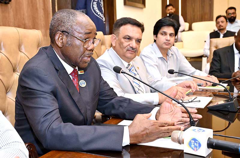 H.E. Titus M. J. Abu-Basutu, Ambassador of the Republic of Zimbabwe to Pakistan, addresses a meeting of exporters at the Sialkot Chamber of Commerce and Industry
