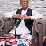 Special Assistant to the Chief Minister of Sindh and President Larkana Chamber of Commerce Khair Muhammad Shaikh addressing a press conference at Press Club