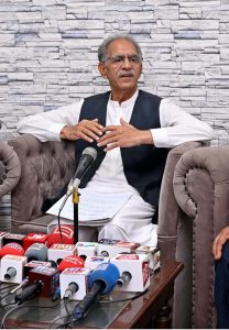 Special Assistant to the Chief Minister of Sindh and President Larkana Chamber of Commerce Khair Muhammad Shaikh addressing a press conference at Press Club