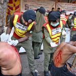 Rescue 1122 Sindh officials providing first aid to the mourners during a procession on 10th of the Holy Month of Muharram-ul-Harram. Muharram-ul-Harram is the first month of the Islamic calendar known as the mourning month in remembrance of the martyrdom (Shahadat) of Hazrat Imam Hussain (RA), the grandson of the Holy Prophet Muhammad (PBUH)