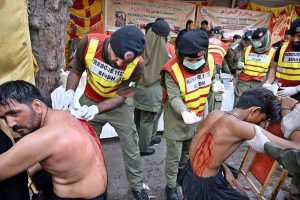Rescue 1122 Sindh officials providing first aid to the mourners during a procession on 10th of the Holy Month of Muharram-ul-Harram. Muharram-ul-Harram is the first month of the Islamic calendar known as the mourning month in remembrance of the martyrdom (Shahadat) of Hazrat Imam Hussain (RA), the grandson of the Holy Prophet Muhammad (PBUH)