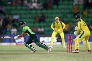 Pakistani batsman Shadab Khan celebrates after complete half century (50 runs) during the second One-Day International (ODI) cricket match between Pakistan and Australia at Gaddafi Stadium. APP/MTF/TZD