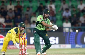 Pakistani batsman Shadab Khan celebrates after complete half century (50 runs) during the second One-Day International (ODI) cricket match between Pakistan and Australia at Gaddafi Stadium. APP/MTF/TZD