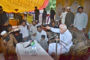 Federal Minister for Board of Investment Qasir Ahamd Sheikh addressing Hazrat Imam Hussain (RA) Conference at Jhang Road on the eve of 10th Muharram-ul-Harram