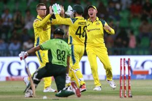 Pakistani batsman Shadab Khan celebrates after complete half century (50 runs) during the second One-Day International (ODI) cricket match between Pakistan and Australia at Gaddafi Stadium. APP/MTF/TZD