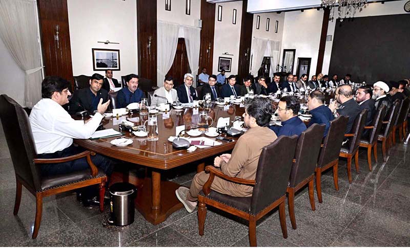 Sindh Chief Minister Syed Murad Ali Shah presides over a meeting at the CM House to review security and administrative arrangements for Muharram-ul-Haram. Provincial ministers, senior government officials, and prominent Ulema attend the session