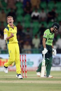 Pakistani batsman Shadab Khan celebrates after complete half century (50 runs) during the second One-Day International (ODI) cricket match between Pakistan and Australia at Gaddafi Stadium. APP/MTF/TZD