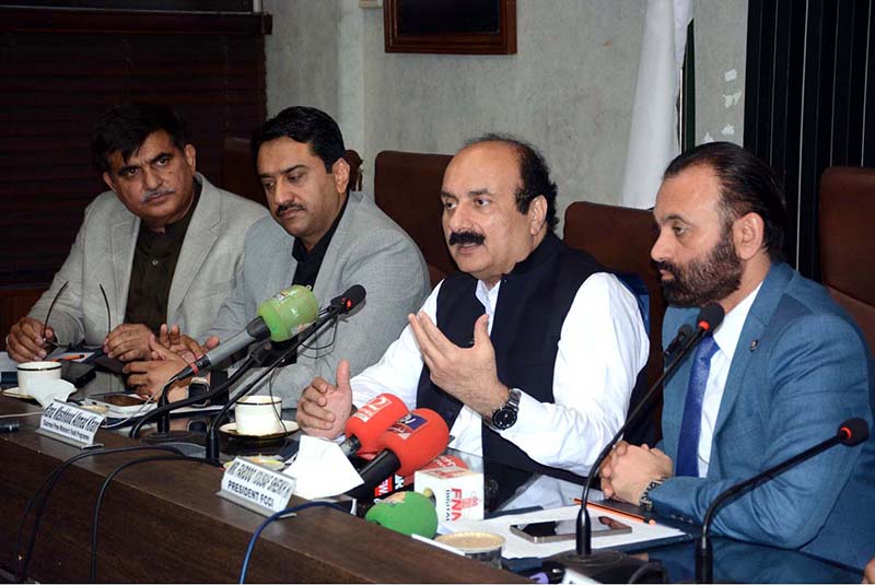Chairman Prime Minister’s (PM) Youth Program Rana Mashhood Ahmed Khan is addressing the business community during a meeting at Faisalabad Chamber of Commerce & Industry (FCCI)