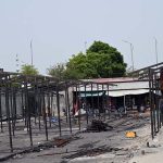 Workers begin reconstruction and rebuilding of shops at H-9 weekly Bazaar, as steel framework structures are erected on the charred remains of the market that was recently gutted in a devastating fire
