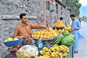 A vendor arranges seasonal fruits, including mangoes, bananas and watermelons to attract the customers at roadside stall.