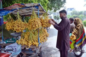 A vendor displaying and selling fresh dates at his roadside setup.