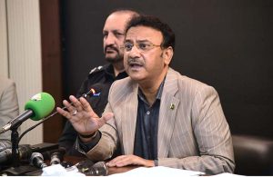 Sindh Home Minister Ziauddin Lanjar addresses a press conference at the Central Police Office.