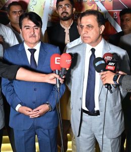 Federal Secretary Ministry of Science & Technology Engr. Sajid Baloch and Chairman SUPARCO Muhammad Yousaf Khan talking to media persons during inauguration ceremony of Space Gallery project developed by SUPARCO at Pakistan Museum of Natural History.