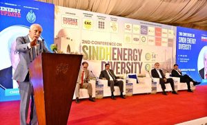 Federal Minister for Board of Investment Qaiser Ahmed Shaikh addressing 2nd Sindh Energy Diversity Conference 2026.