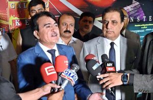 Federal Secretary Ministry of Science & Technology Engr. Sajid Baloch and Chairman SUPARCO Muhammad Yousaf Khan talking to media persons during inauguration ceremony of Space Gallery project developed by SUPARCO at Pakistan Museum of Natural History.