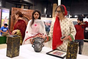 Federal Minister for National Heritage & Culture, Aurangzeb Khan Khichi talking to media persons during his visit the Cultural Art Gallery at Lok Virsa.