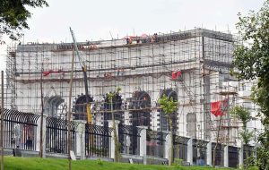 A view of the construction work underway on the Marka-e-Haq Monument, being built to honour Pakistan’s defenders.