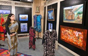 Federal Minister for National Heritage & Culture, Aurangzeb Khan Khichi talking to media persons during his visit the Cultural Art Gallery at Lok Virsa.