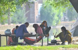 A nomad woman prepares a meal while her family gathers under the shade of a tree near the Nou Bahar Canal, reflecting the enduring traditions of the nomadic community on the outskirts of the city.