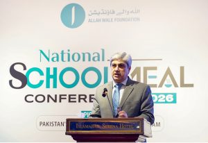 Federal Secretary Ministry of Federal Education and Professional Training Nadeem Mahbub addresses the National School Meal Conference 2026 organized by Allah Walay Foundation at a local hotel.