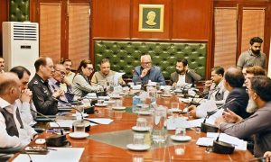 Senator Waqar Mehdi, Convener of the Sub-Committee of the Senate Standing Committee on National Heritage and Culture chairing committee meeting at the Commissioner Karachi Office.