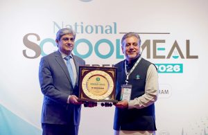 Federal Secretary Ministry of Federal Education and Professional Training Nadeem Mahbub addresses the National School Meal Conference 2026 organized by Allah Walay Foundation at a local hotel.