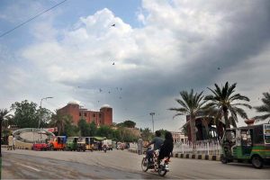 A view of dark clouds hovering over the city during the ongoing monsoon season.