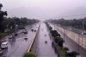 A view from inside a vehicle shows near-zero visibility as heavy rain lashes the road, with commuters cautiously navigating through the downpour. Weather authorities have urged motorists to exercise caution amid ongoing monsoon spells in the Federal Capital.