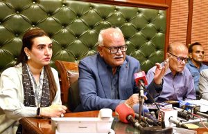Senator Waqar Mehdi, Convener of the Sub-Committee of the Senate Standing Committee on National Heritage and Culture chairing committee meeting at the Commissioner Karachi Office.