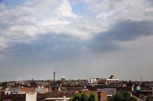A view of dark clouds hovering over the city during the ongoing monsoon season.
