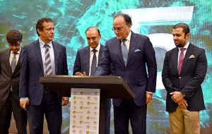 Federal Minister for Finance and Revenue, Senator Muhammad Aurangzeb, along with Governor of the State Bank of Pakistan, Jameel Ahmed, is launching InvestPak, a web portal to digitize the process of investment in government securities, during a ceremony held at the State Bank of Pakistan Auditorium.