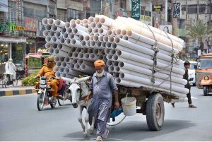 An elderly donkey cart holder on the way loaded with pipes to deliver in a local market.