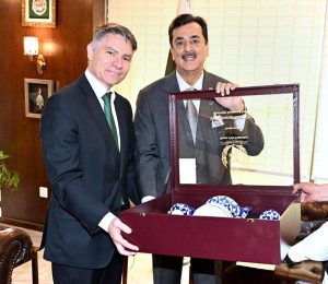 Chairman Senate, Syed Yousaf Raza Gilani in a meeting with Ambassador of Portugal to Pakistan H.E. Paulo Miguel Guedes Domingues at Parliament House.