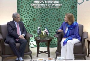 Federal Minister for Law and Justice Azam Nazeer Tarar meeting with H.E. Ms. Hind Qabawat, Minister of Social Welfare and Labour, Syria on the sidelines of the 9th OIC Ministerial Conference on Women, held under the theme 'Socio-Economic and Political Empowerment of Women in the OIC Countries: Challenges and Way Forward,' hosted by the Government of Pakistan under the auspices of the Ministry of Human Rights at the Convention Centre