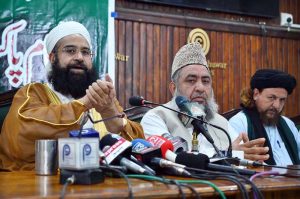 Chairman Pakistan Ulema Council Tahir Mehmood Ashrafi addressing during a seminar along with other Ulema at Press Club.