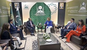 Federal Minister for Law and Justice Azam Nazeer Tarar meeting with H.E. Ms. Hind Qabawat, Minister of Social Welfare and Labour, Syria on the sidelines of the 9th OIC Ministerial Conference on Women, held under the theme 'Socio-Economic and Political Empowerment of Women in the OIC Countries: Challenges and Way Forward,' hosted by the Government of Pakistan under the auspices of the Ministry of Human Rights at the Convention Centre