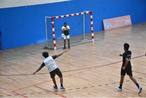 A view of a Futsal match played between Islamabad Red and Sindh teams during 1st Micro Futsal National Championship 2026 at Multipurpose Sports Complex GC University Faisalabad (GCUF).